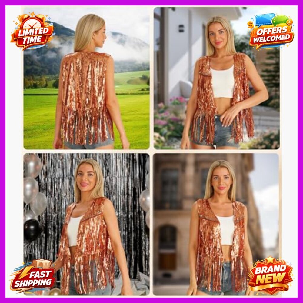 Small Sequin Fringe Vest Sleeveless Western Costume Jacket Party Wear - Picture 6 of 6